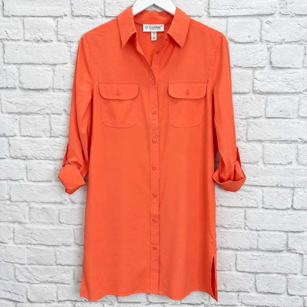 Coolibar UPF 50+ Sun Protection Button Down Shirt Dress Size S Coral Orange